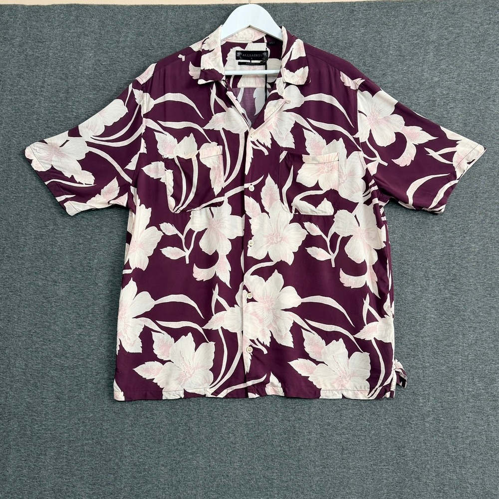 AllSaints Mens Jardin SS Shirt Large Oxblood Floral Relaxed Fit Resortwear Indie